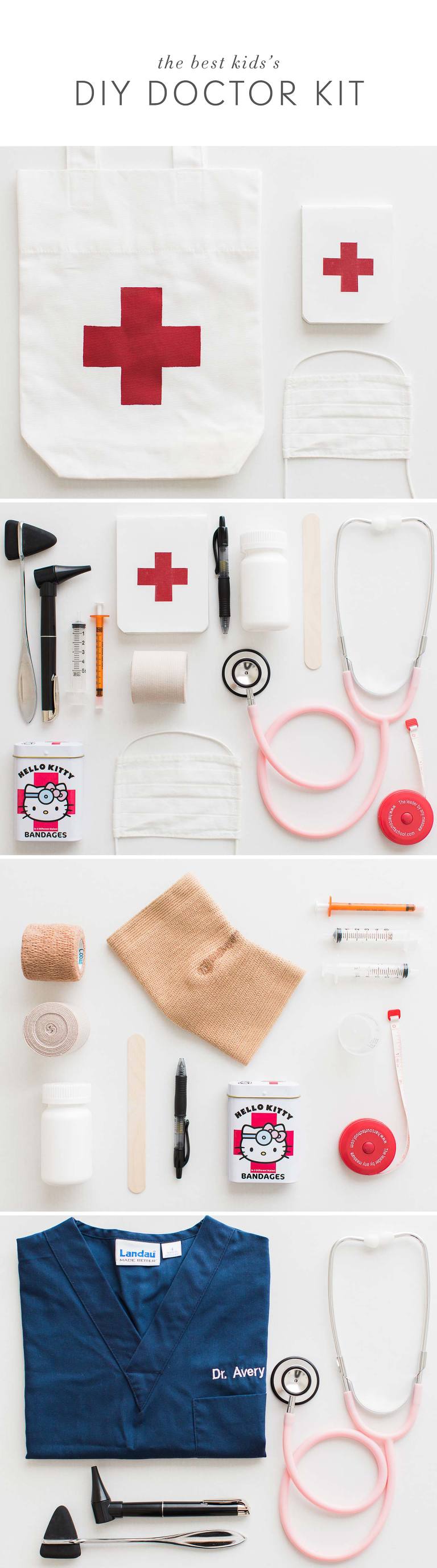 An easy DIY Doctor Kit - perfect for kids to practice imaginative play, learn compassion, and have fun! With cute mini scrubs, this makes the best kids Halloween costume!