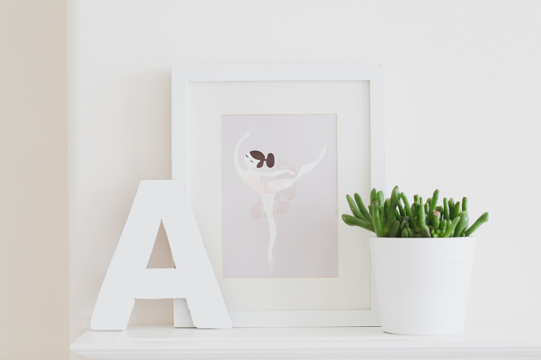 Ballerina art print, plant, vintage letter A